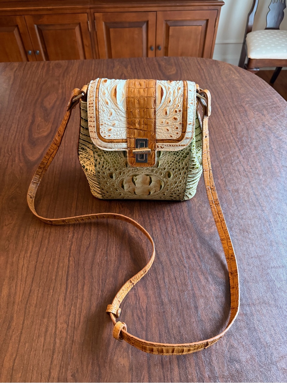 Authentic Brahmin Leather Crossbody Bag Green Cream Cognac Croc Embossed